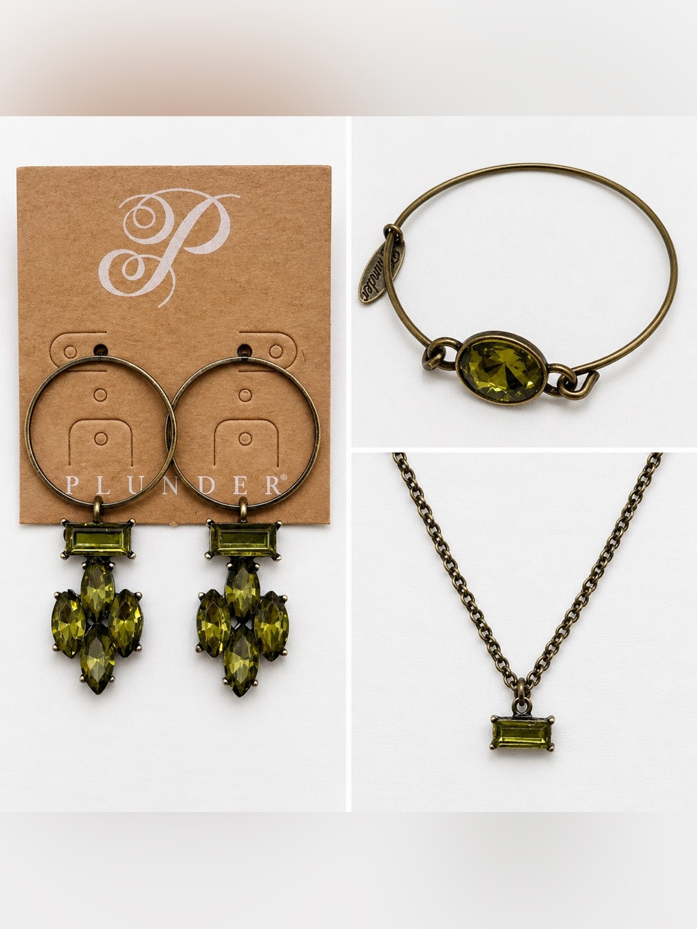 Plunder Green Crystal Jewelry Set - Necklace, Bracelet & Hoop Earrings NWOT